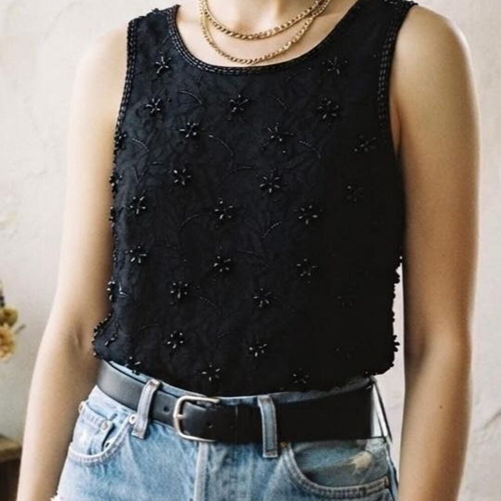 Vintage Cervelle Beaded Black Lace Sleeveless Tank Top NWT Size Small